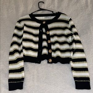 Lush Black and White Striped Cardigan with Gold Buttons